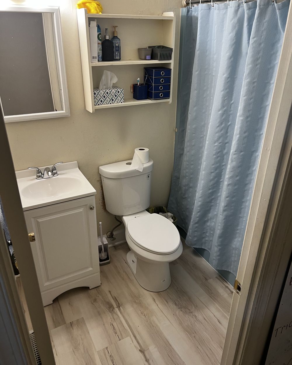 The same bathroom finished, with a new vanity, toilet and plank floor.